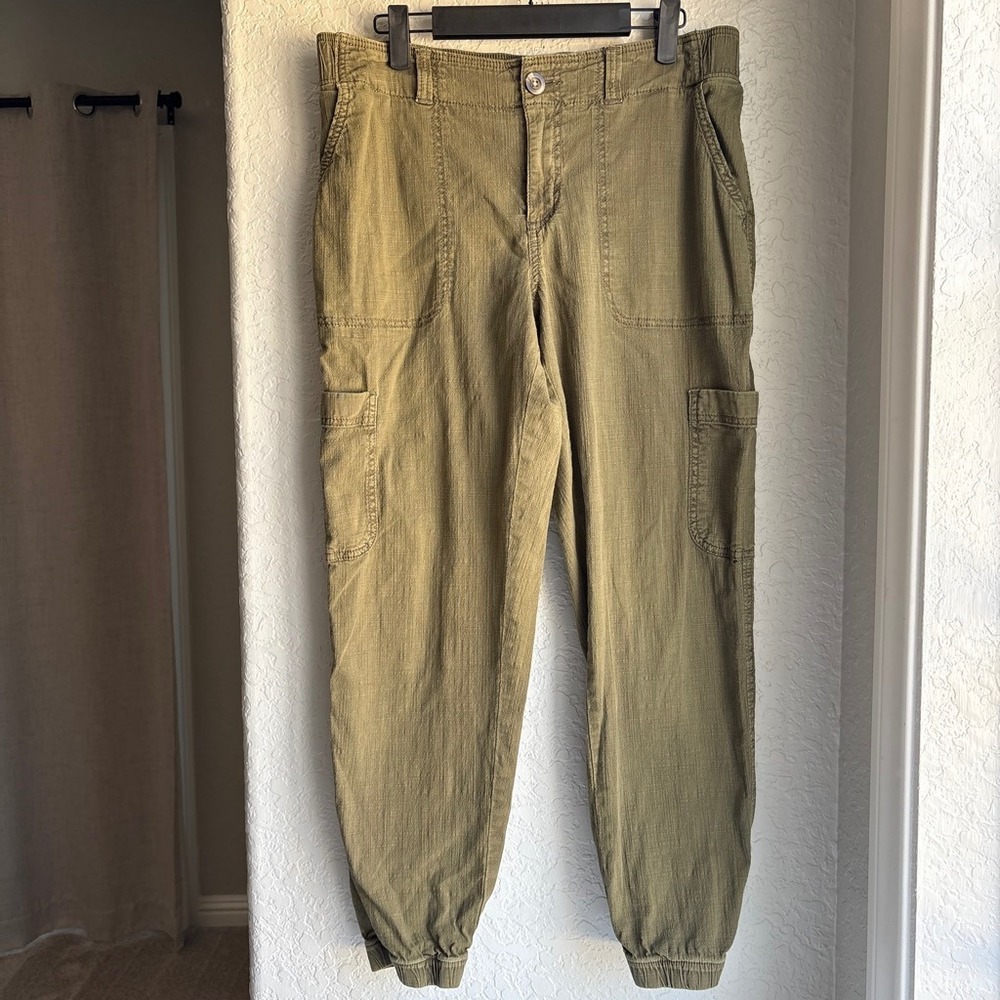 Women 10 Jogger Pant Olive Green Cotton Cargo Stretch Elastic Waist Neutral Boho - Picture 1 of 8